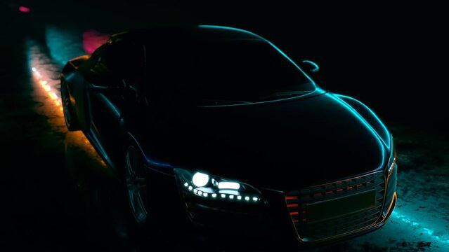 Sports car driving on  asphalt road at night. Driving on an neon illuminated night road. Modern stylish video footage. Loop.