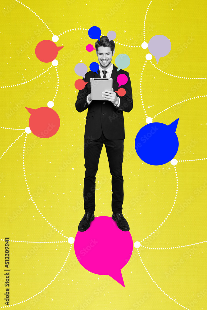 Poster vertical collage image of positive guy black white colors hold use tablet write message drawing dial