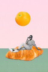 Collage image banner of minimal lady sitting big croissant brown bread enjoy juicy mandarin isolated