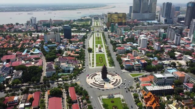 Aerial view of Independence Monument, bottom, and the King Norodom Sihanouk memorial in Phnom Penh, Cambodia. The Mekong river is seen in the background.