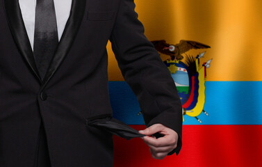 Empty pockets against flag of Ecuador background Financial difficulties, bad economy, no money concept.