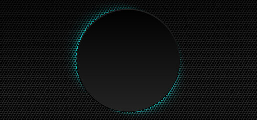 Black grid background with neon borders. Abstract metallic surface with holes backdrop. Perforated black metal material texture. Urban style vector illustration.