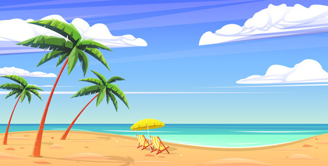 Tropical landscape with sea bay, sand beach, palm trees and clouds on horizon vector illustration