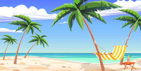 Tropical landscape with sea bay, sand beach, palm trees and clouds on horizon vector illustration