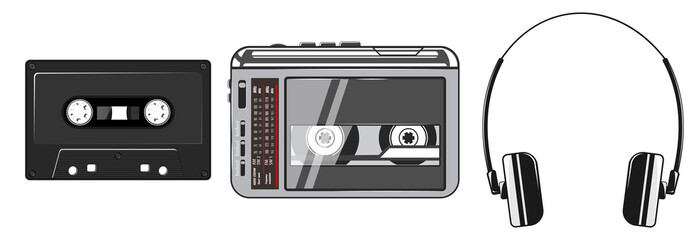 Cassette player with headphones vector illustration. 80s technology. Portable audio cassette player. 90s music. Retro style 90s illustration.