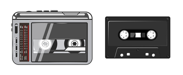 Cassette player with headphones vector illustration. 80s technology. Portable audio cassette player. 90s music. Retro style 90s illustration.