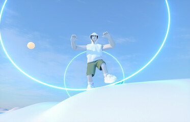 Metaverse avatar young man skateboarding in the virtual winter landscape. Future innovations, game and sports concept. 3d rendering.