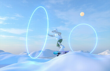 Metaverse avatar skateboarding in the virtual winter landscape. Future innovations, game and sports concept. 3d rendering.