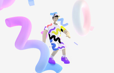 Metaverse avatar dancing in the geometic memphis virtual space. Future innovations and entertainment concept. 3d rendering.