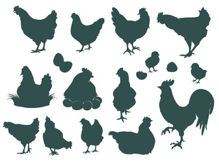 Set of silhouettes of hen, chick and rooster. Silhouettes of village hens and rooster