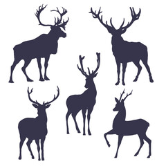 Set of silhouettes of horned wild deer (5 pieces)