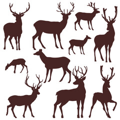 Set of silhouettes of horned deer and fawn (10 pieces)