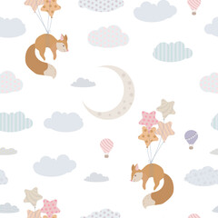 Childish seamless print. Cute animals among the clouds. Pattern of clouds and balloons in the sky. Pastel shades. Vector illustration