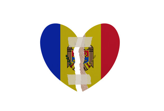 Ripped paper heart in colors of national flag. Peace concept on white background. Moldova