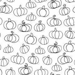 Doodle Pumpkin seamless pattern. Different gourd on white background. Outline hand-drawn vegetable. Vector line illustration for package, wallpaper, autumn holidays, markets, Halloween, Thanksgiving