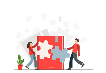 People solving the problem together, teamwork concept with building puzzle, man and woman working together with giant puzzle elements, partnership and collaboration concept, flat vector illustration