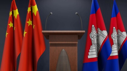 Flags of China and Cambodia at international meeting or negotiations press conference. Podium speaker tribune with flags and coat arms. 3d rendering