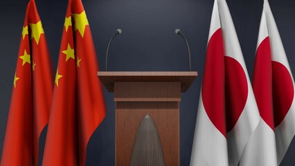 Flags of China and Japan at international meeting or negotiations press conference. Podium speaker tribune with flags and coat arms. 3d rendering