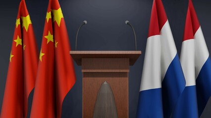Flags of China and Netherlands at international meeting or negotiations press conference. Podium speaker tribune with flags and coat arms. 3d rendering