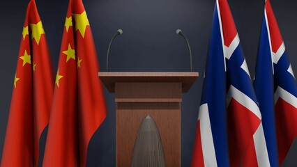 Flags of China and Norway at international meeting or negotiations press conference. Podium speaker tribune with flags and coat arms. 3d rendering