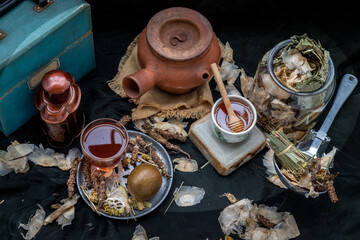 Chinese herbal tea (Jub Lieng). Mixed various herbal dry tea with Blady grass, Lotus leaf, Broken bones tree, Rehmannia glutinosa, Monk fruit sweetener(Luo Han Guo), Prunella vulgaris, Polygonatum.