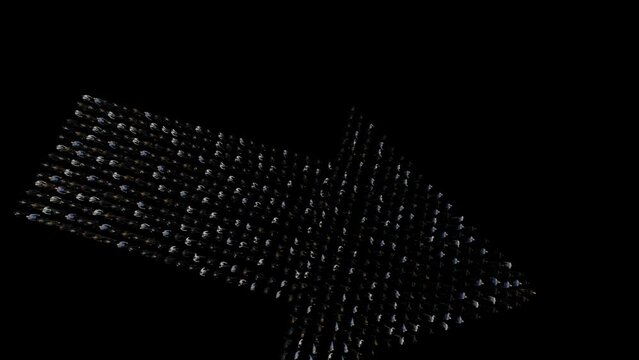 Businessmen lead by a businesswoman forming arrow shape, 4K against black