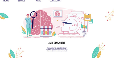MRI diagnostics for neurology and prevention of cerebrovascular diseases website banner. Webpage of medical examination of the brain, flat vector illustration.