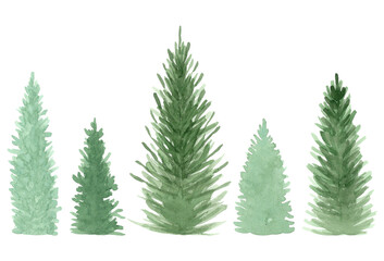 Green forest trees, mountains.