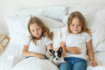 Smiling playful cute little girls with small dog in the bedroom on the bed at home