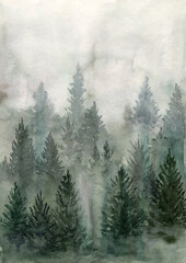 Hand painted watercolor green forest landscape. - 512313946