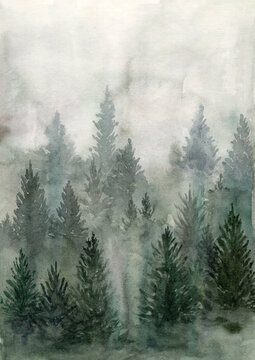 Hand painted watercolor green forest landscape.