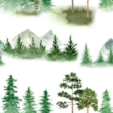 Seamless pattern. Hand painted watercolor spruce tree. Green forest fir trees, mountains. Landscape isolated on white background. Drawn winter illustration. Decor design card, poster, invitation.