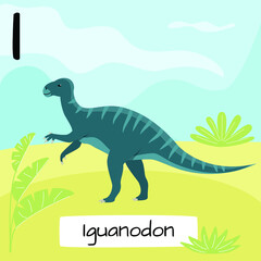 Iguanodon dinosaur. Letter I. Children's alphabet education. Vector illustration of a prehistoric dinosaur.