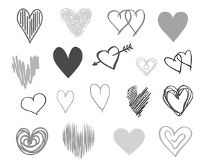 Hand drawn hearts on isolated white background. Set of love signs. Unique illustration for design. Line art creation. Black and white illustration. Elements for poster or flyer