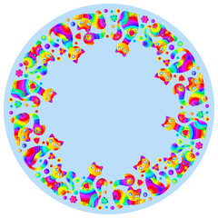 Design ornament for round product, cute cartoon cats in the style of stained glass on a blue background