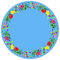 Design ornament for round product, bright flowers in the style of stained glass on a blue background