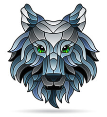 Illustration in the style of a stained glass window with a portrait of a wolf, muzzle isolated on a white background