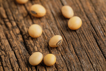 Dry soybean seed on wooden background.