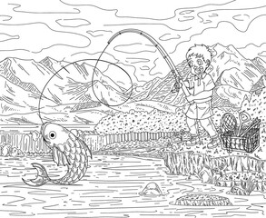 Children coloring book a little angler by the lake with natural scenery