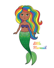  Little cute mermaid. LGBT rainbow hair. Afro american. Dark skin. For kids vector illustration. Sticker, patch, t-shirt print, logo design.