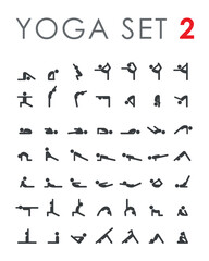 Big yoga poses asanas icons set. Vector illustrations. For logo yoga branding. Yoga people infographics. Stick figures. Pilates stretch gymnastics fitness poses