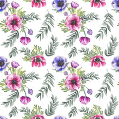 Seamless pattern with colorful anemone flowers and leaves. Watercolor illustration on white background.