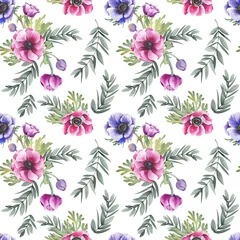 Poster Seamless pattern with colorful anemone flowers and leaves. Watercolor illustration on white background. © JeannaDraw