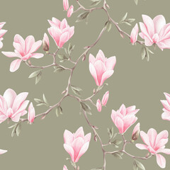Floral seamless pattern with watercolor pink magnolia.