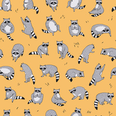 Raccoon forest animal vector seamless pattern