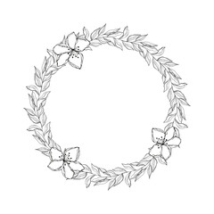 Wreath floral hand drawn doodle with flowers, wedding decoration, round frame with branches leaves and flower doodle.