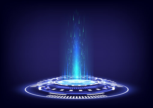 virtual reality. Portal and hologram science futuristic. Sci-fi digital hi-tech in glowing HUD projector. Neon luminous cosmic. Universe Magic gate in game fantasy. Teleportation of circle podium