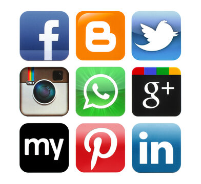 Set of popular Social Media classic old icons, such as: Facebook, Instagram, Twitter, Pinterest, LinedIn and others