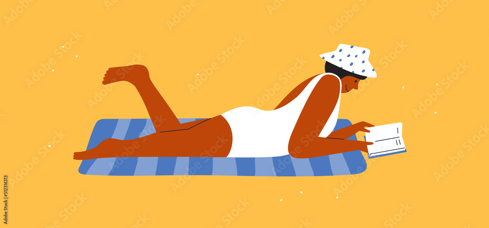 Wall mural Woman in white swimsuit sunbathing on beach with book in hand. Female character reads outdoor. Summer leisure activity, rest. Girl lying down relaxing reading literature. Book club vector illustration