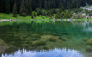 Panorama of Alpine Lake of Duplje in Slovene Julian Alps
